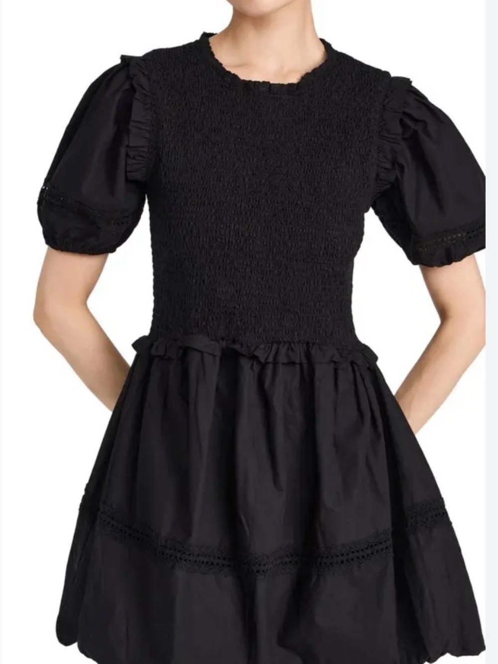 Smocked Puff Sleeve Mini Dress - Black